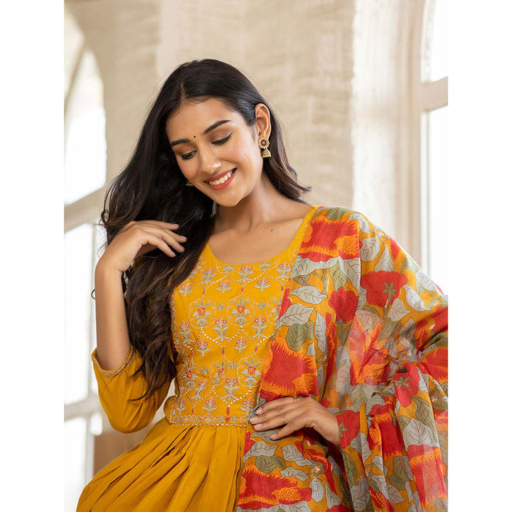 KAAJH Mustard Cotton Anarkali Suit (Set of 3)