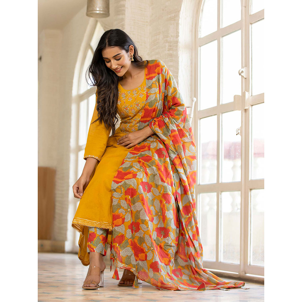 KAAJH Mustard Cotton Anarkali Suit (Set of 3)