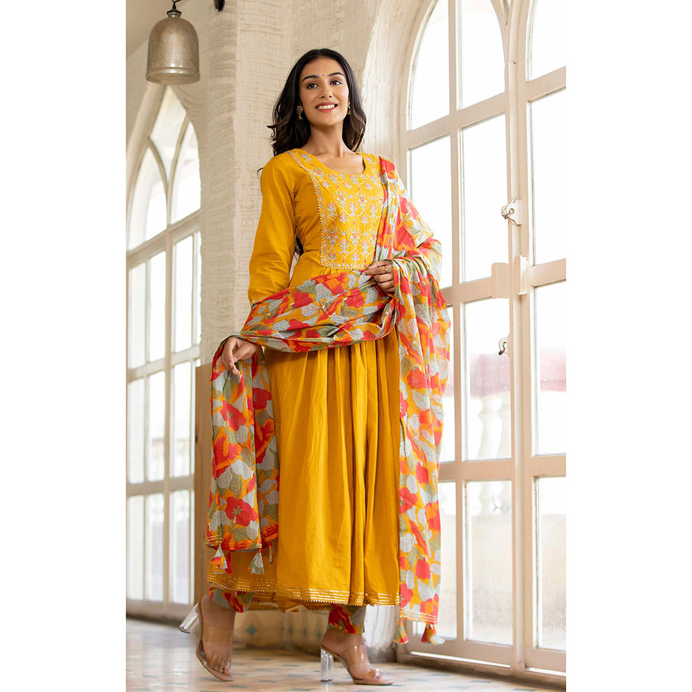 KAAJH Mustard Cotton Anarkali Suit (Set of 3)