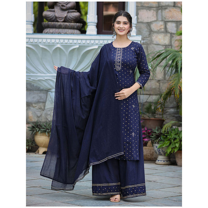 KAAJH Navy Blue Gold Printed Cotton Kurta Sharara (Set of 3)