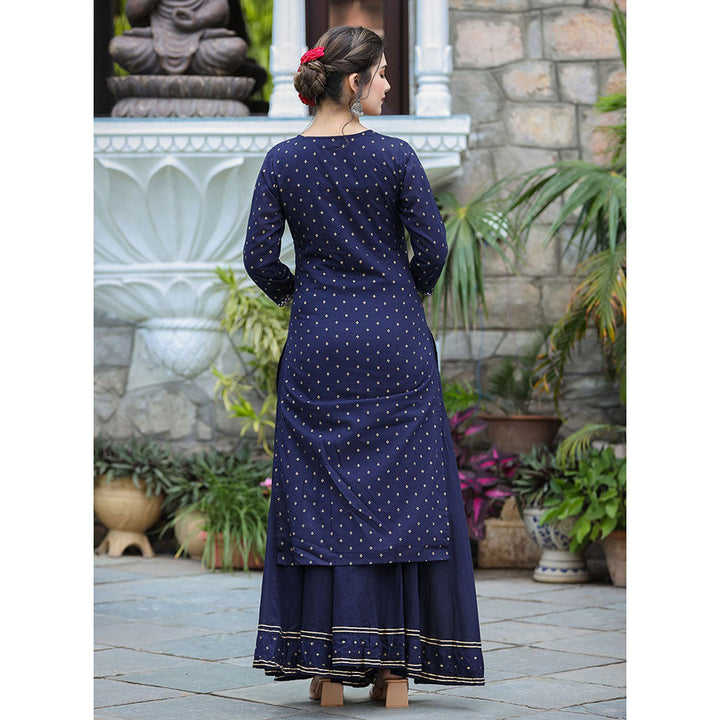 KAAJH Navy Blue Gold Printed Cotton Kurta Sharara (Set of 3)