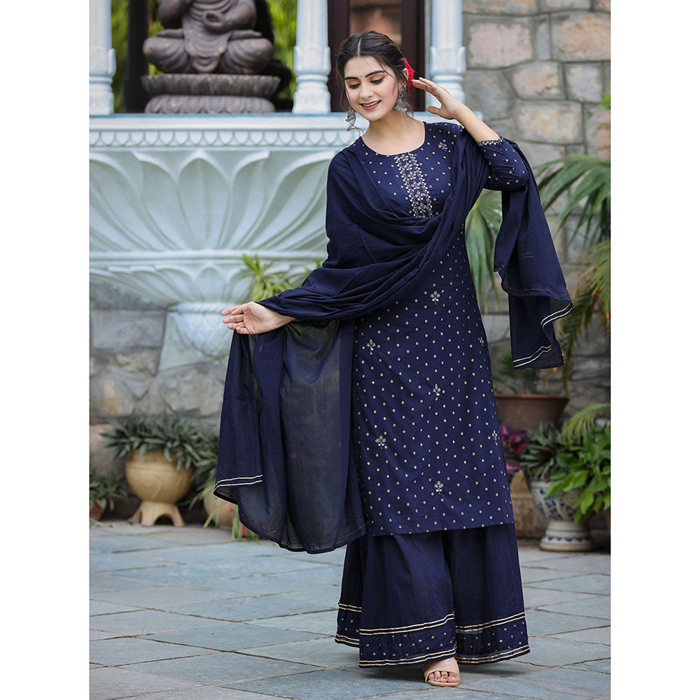 KAAJH Navy Blue Gold Printed Cotton Kurta Sharara (Set of 3)