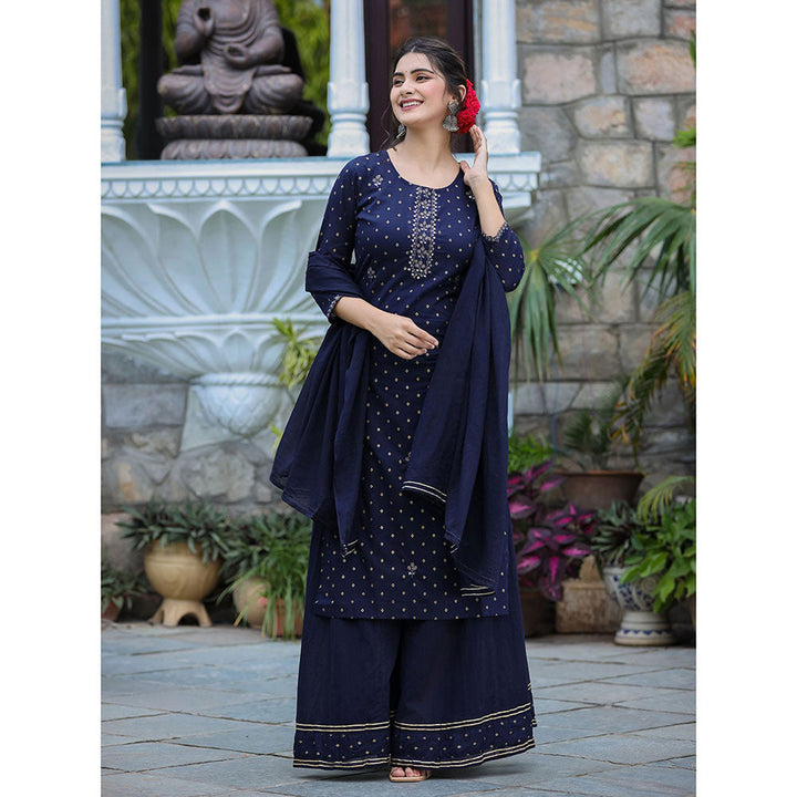 KAAJH Navy Blue Gold Printed Cotton Kurta Sharara (Set of 3)