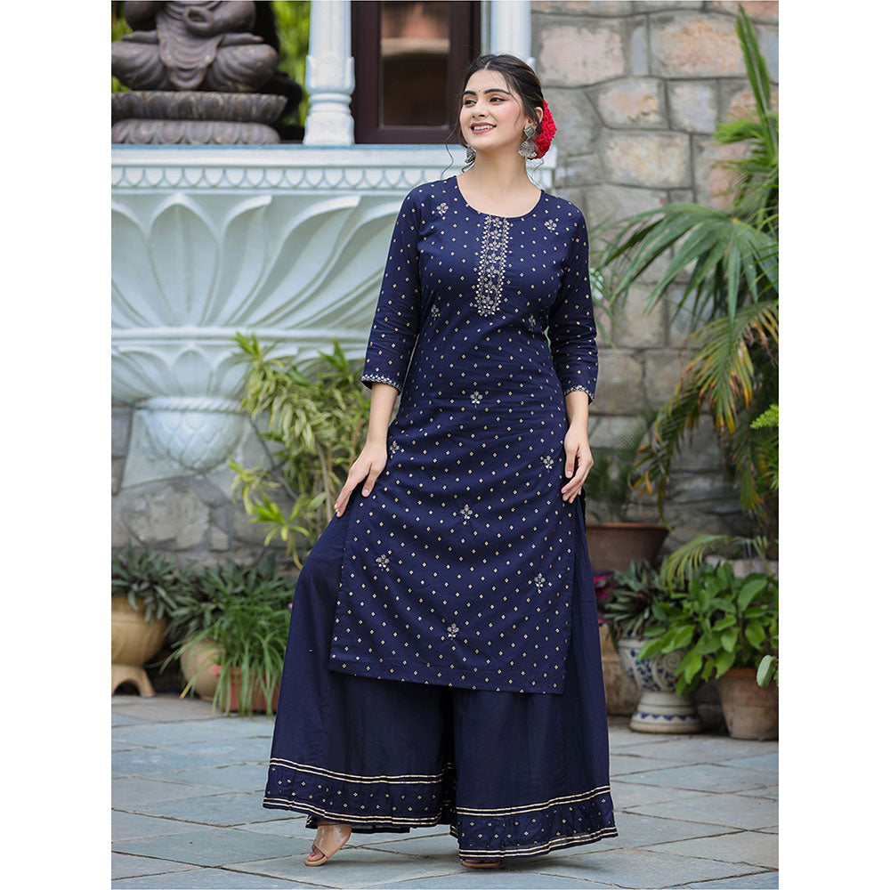 KAAJH Navy Blue Gold Printed Cotton Kurta Sharara (Set of 3)