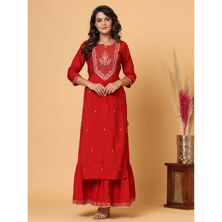 KAAJH Red Embroidered Chanderi Kurta (Set of 2)