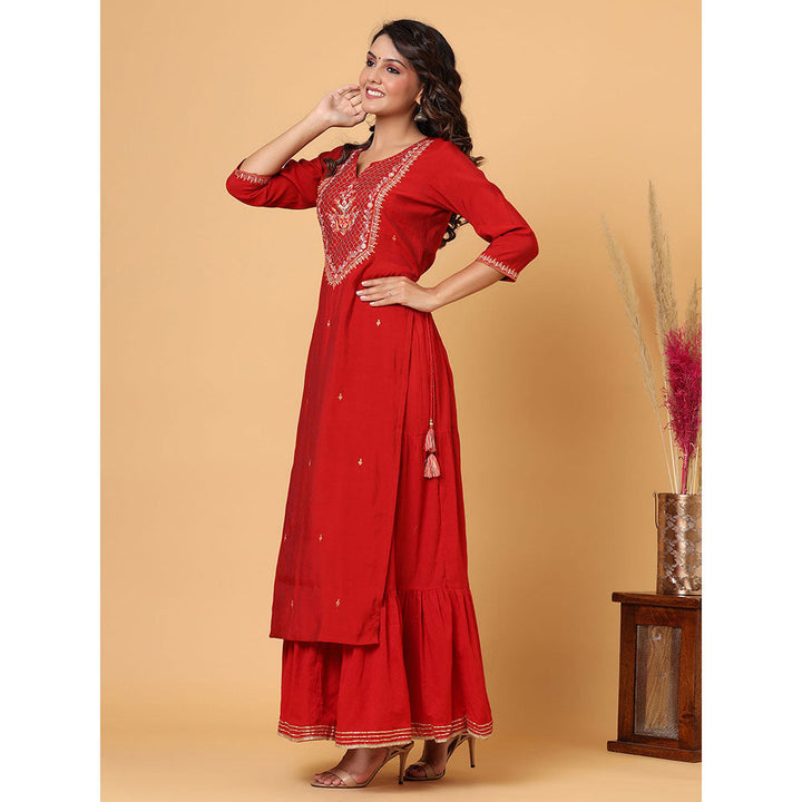 KAAJH Red Embroidered Chanderi Kurta (Set of 2)