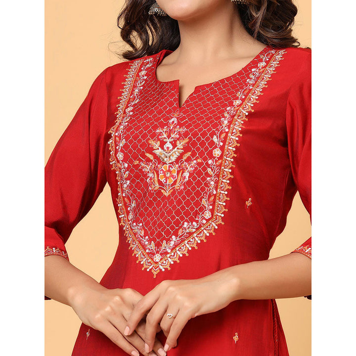 KAAJH Red Embroidered Chanderi Kurta (Set of 2)