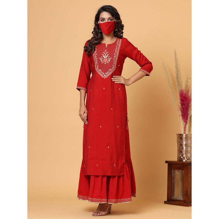 KAAJH Red Embroidered Chanderi Kurta (Set of 2)