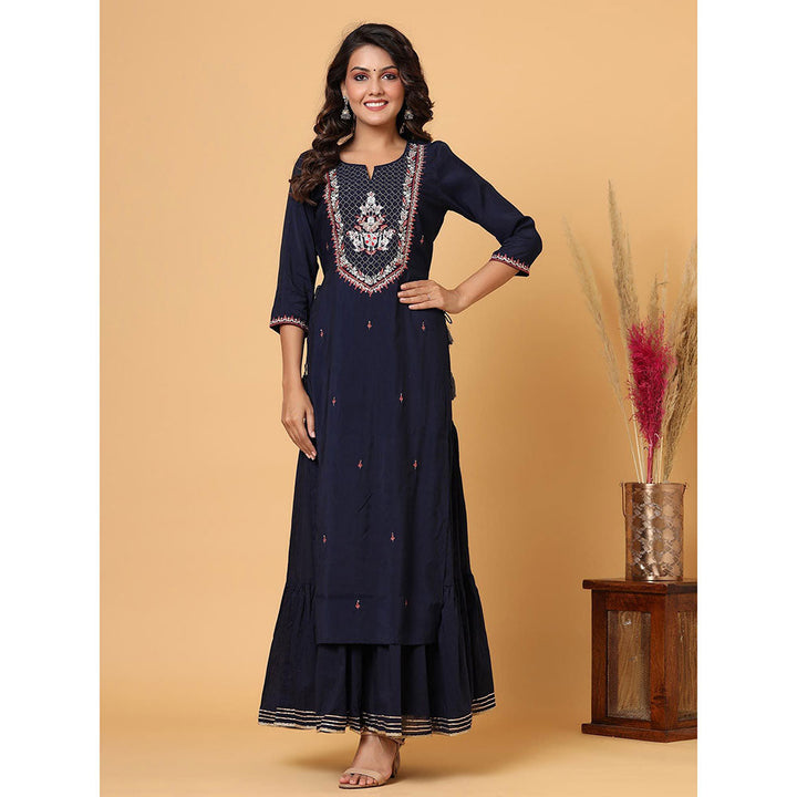 KAAJH Navy Blue Embroidered Chanderi Kurta (Set of 2)