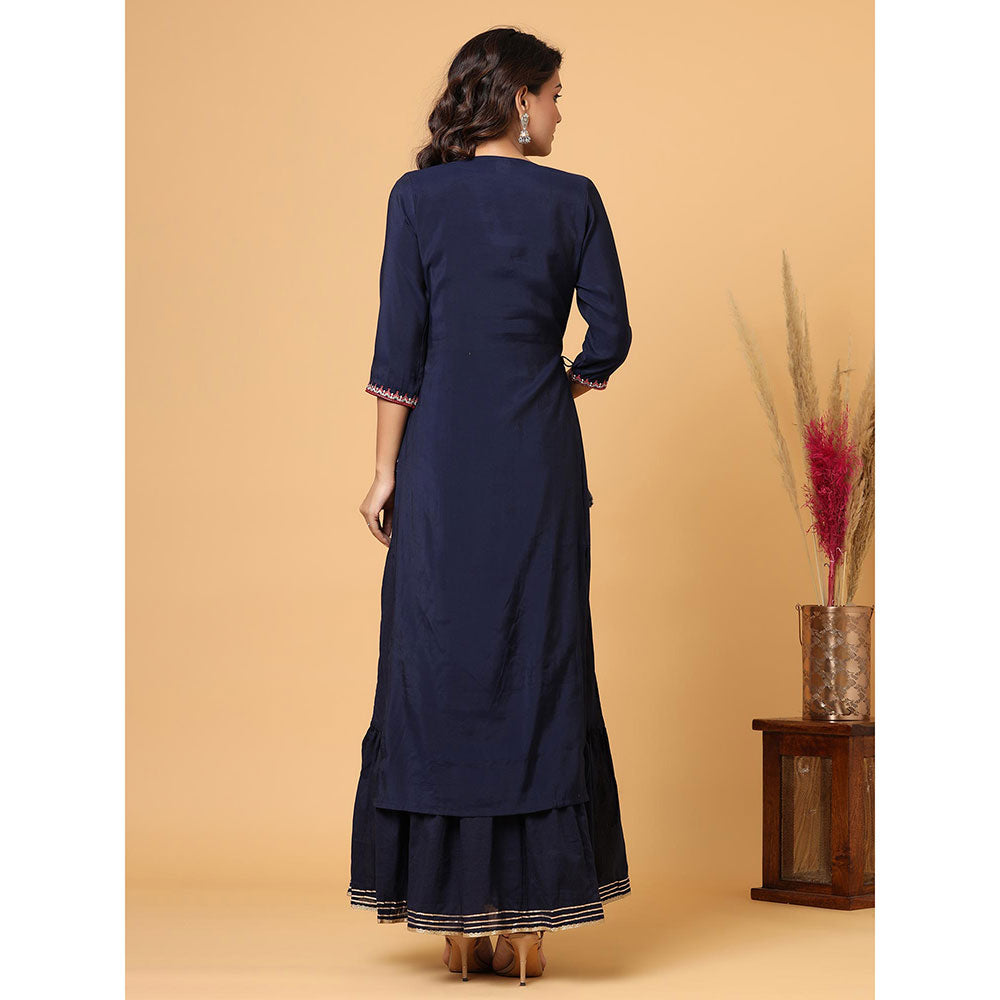 KAAJH Navy Blue Embroidered Chanderi Kurta (Set of 2)