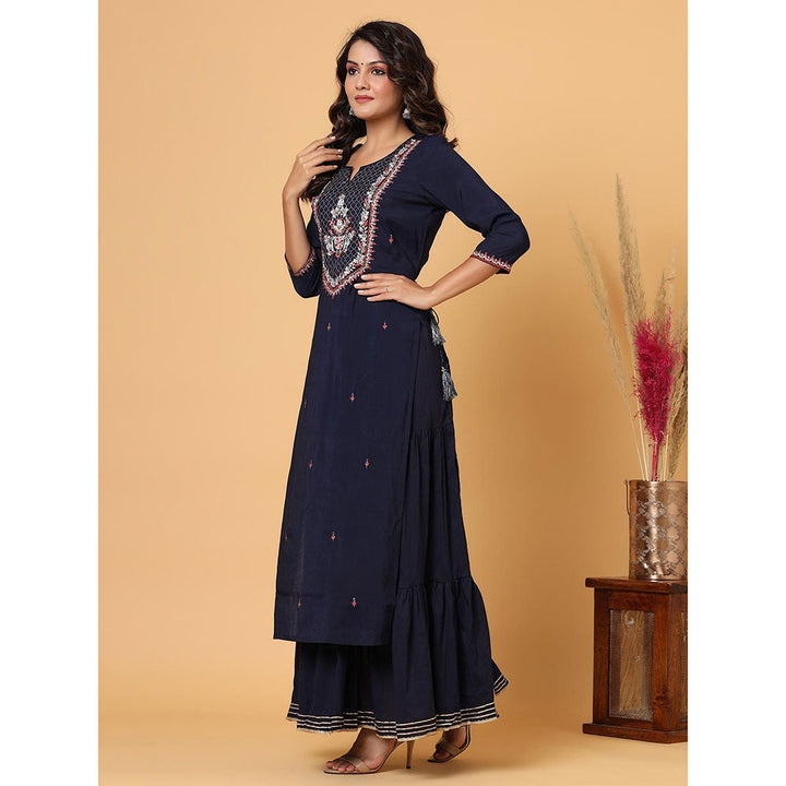 KAAJH Navy Blue Embroidered Chanderi Kurta (Set of 2)