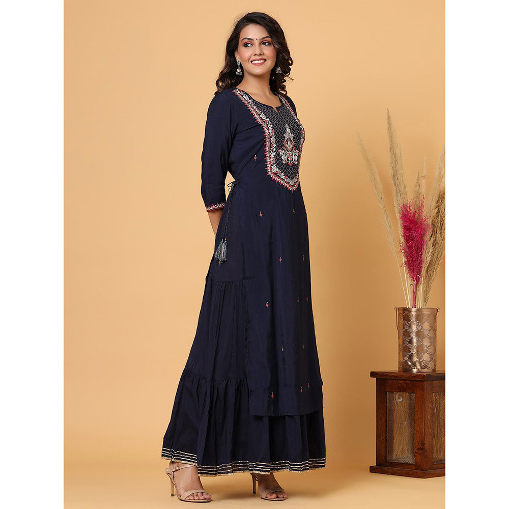 KAAJH Navy Blue Embroidered Chanderi Kurta (Set of 2)