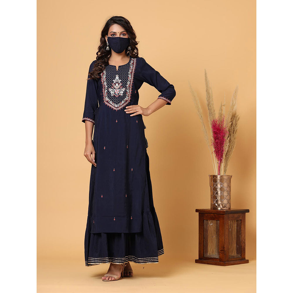 KAAJH Navy Blue Embroidered Chanderi Kurta (Set of 2)