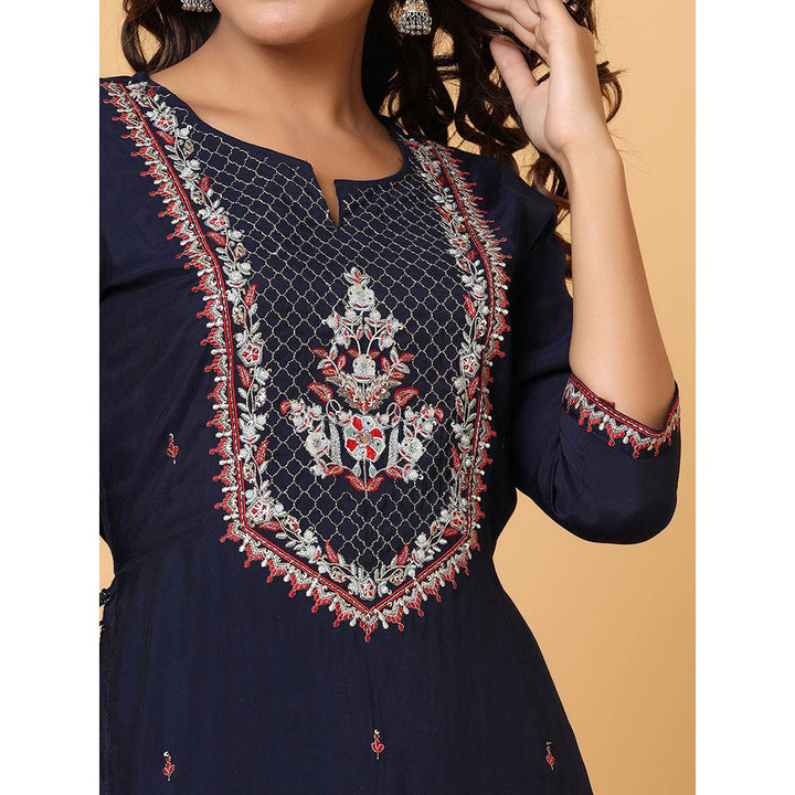 KAAJH Navy Blue Embroidered Chanderi Kurta (Set of 2)