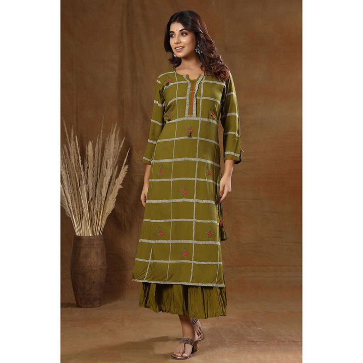 KAAJH Green Printed Cotton Kurta with Inner (Set of 2)