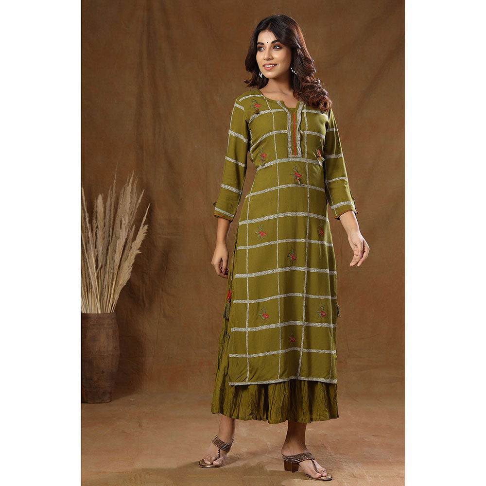 KAAJH Green Printed Cotton Kurta with Inner (Set of 2)