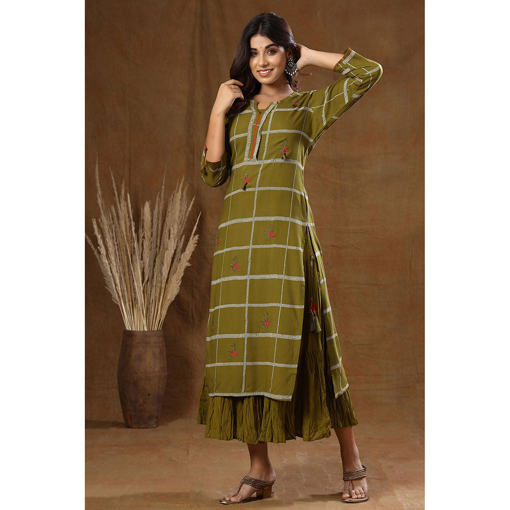 KAAJH Green Printed Cotton Kurta with Inner (Set of 2)