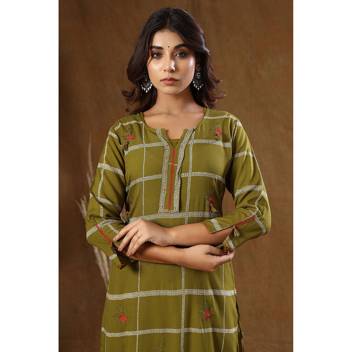 KAAJH Green Printed Cotton Kurta with Inner (Set of 2)