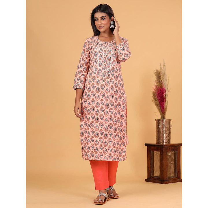 KAAJH Peach Floral Printed Cotton Kurta Pant Set