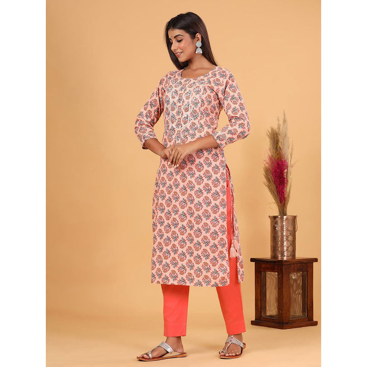 KAAJH Peach Floral Printed Cotton Kurta Pant Set