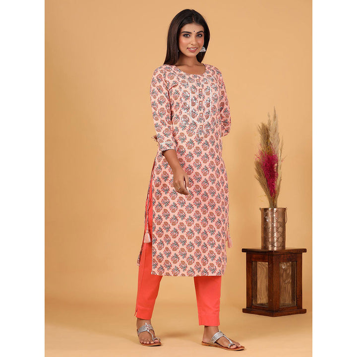 KAAJH Peach Floral Printed Cotton Kurta Pant Set