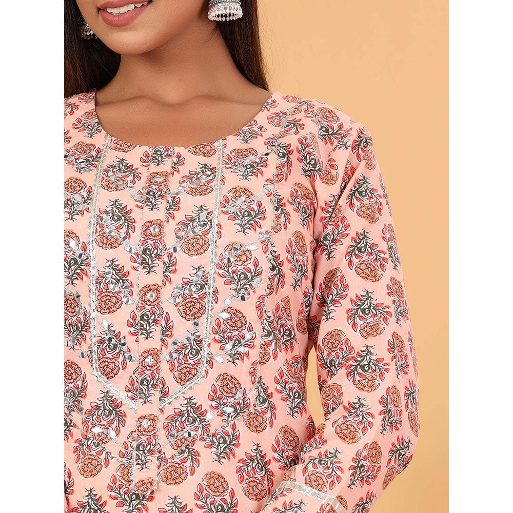 KAAJH Peach Floral Printed Cotton Kurta Pant Set