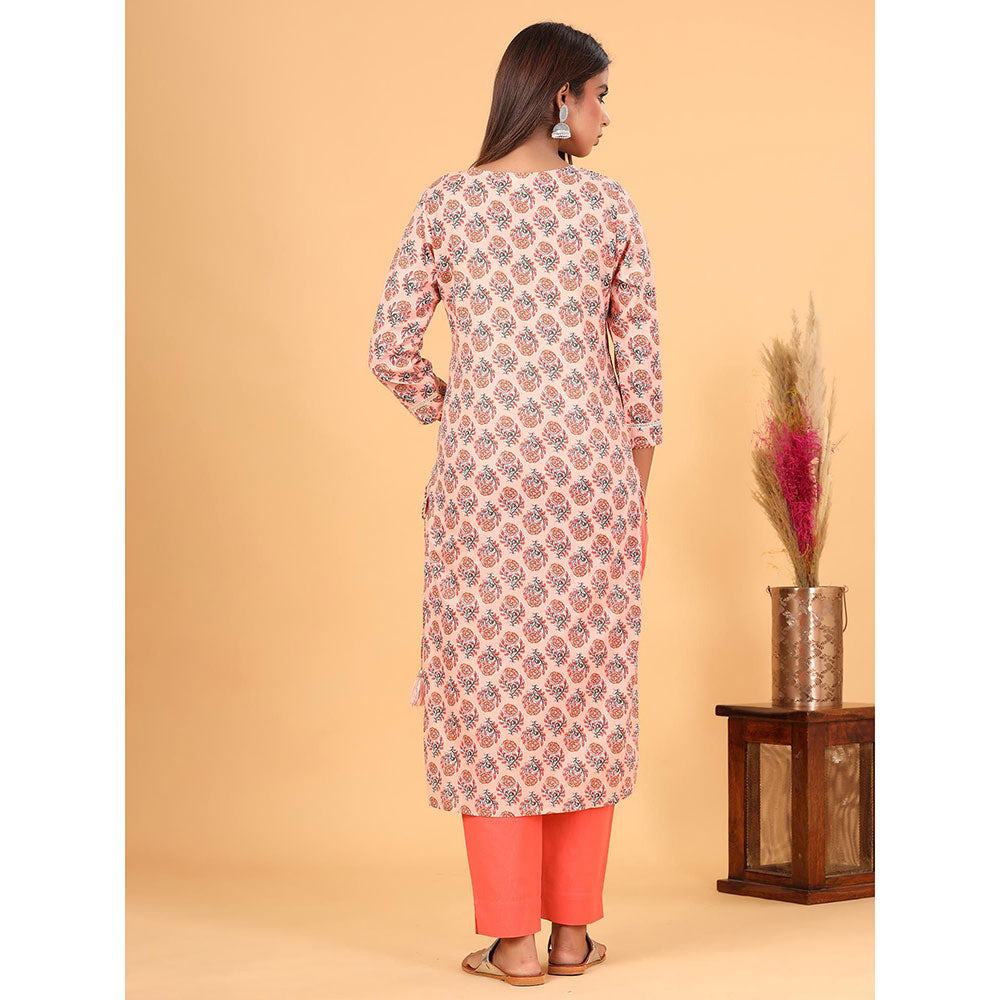 KAAJH Peach Floral Printed Cotton Kurta Pant Set