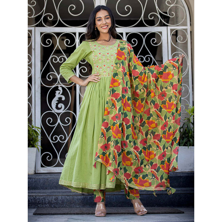 KAAJH Green Embroidered Cotton Anarkali Suit