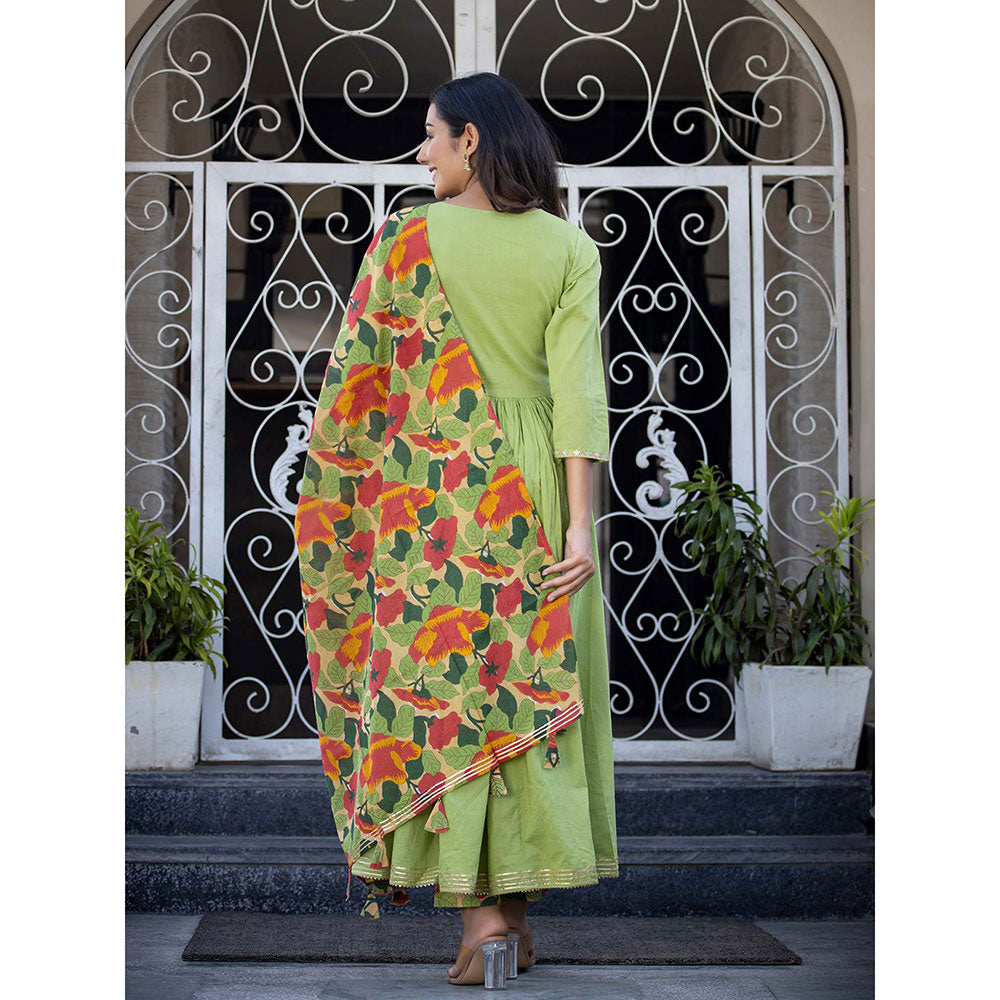 KAAJH Green Embroidered Cotton Anarkali Suit