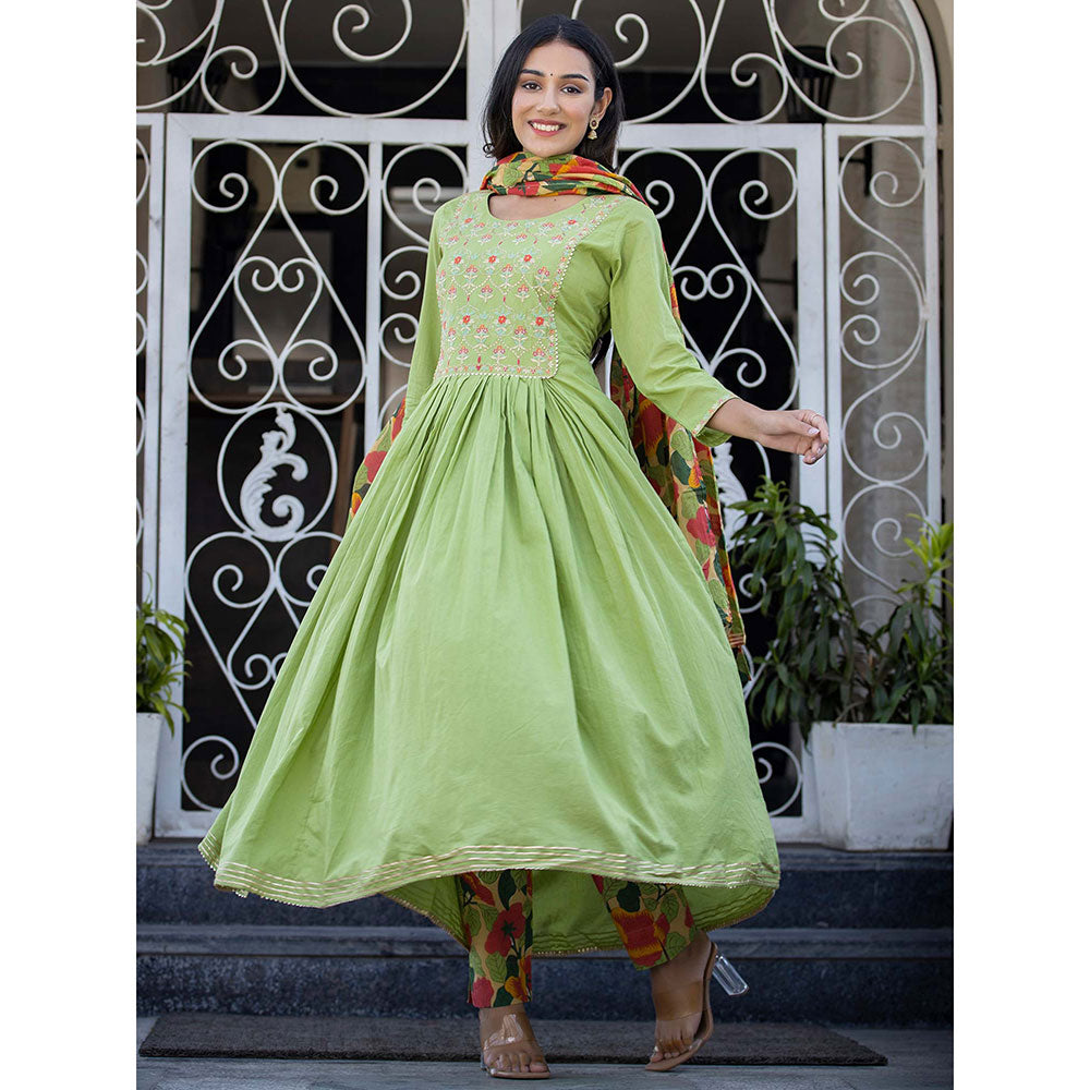 KAAJH Green Embroidered Cotton Anarkali Suit