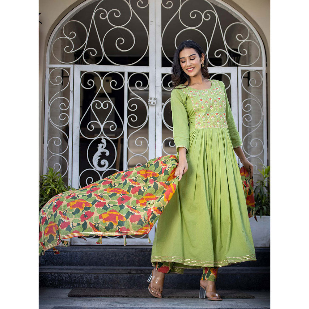 KAAJH Green Embroidered Cotton Anarkali Suit