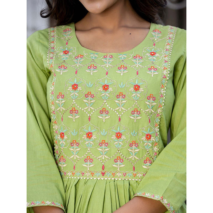 KAAJH Green Embroidered Cotton Anarkali Suit