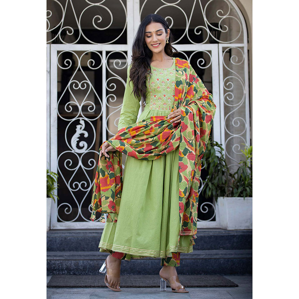 KAAJH Green Embroidered Cotton Anarkali Suit