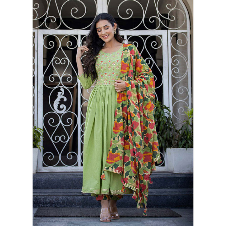 KAAJH Green Embroidered Cotton Anarkali Suit