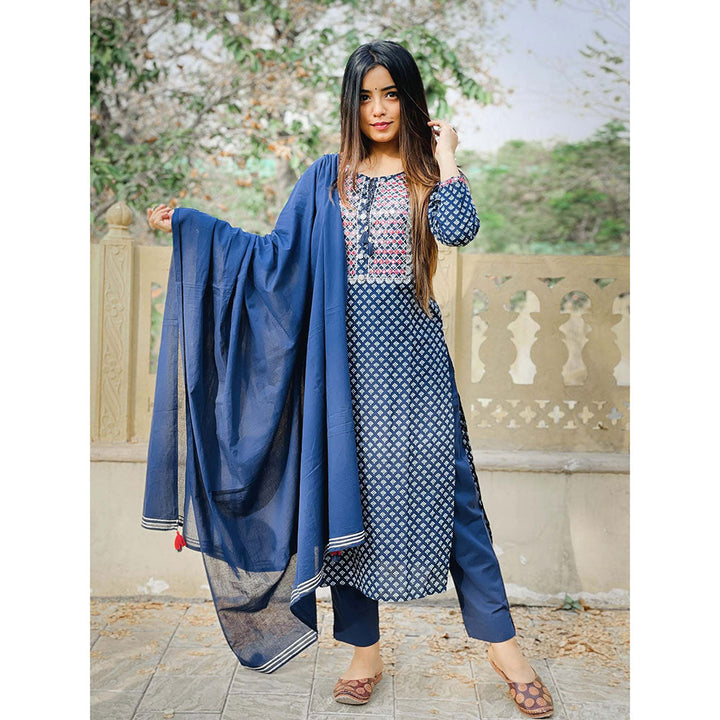 KAAJH Blue Embellished Cotton Suit (Set of 3)