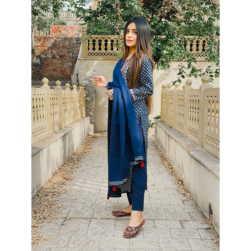 KAAJH Blue Embellished Cotton Suit (Set of 3)