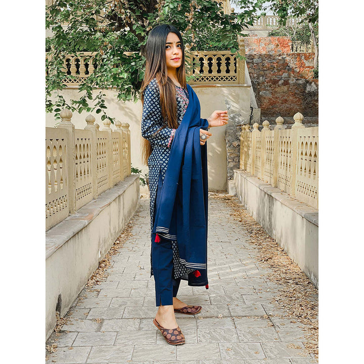 KAAJH Blue Embellished Cotton Suit (Set of 3)