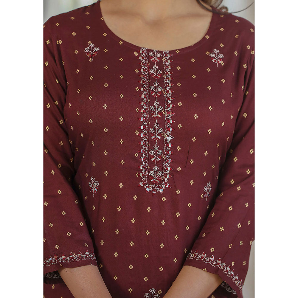 KAAJH Maroon Embellished Rayon Kurta Sharara (Set of 2)