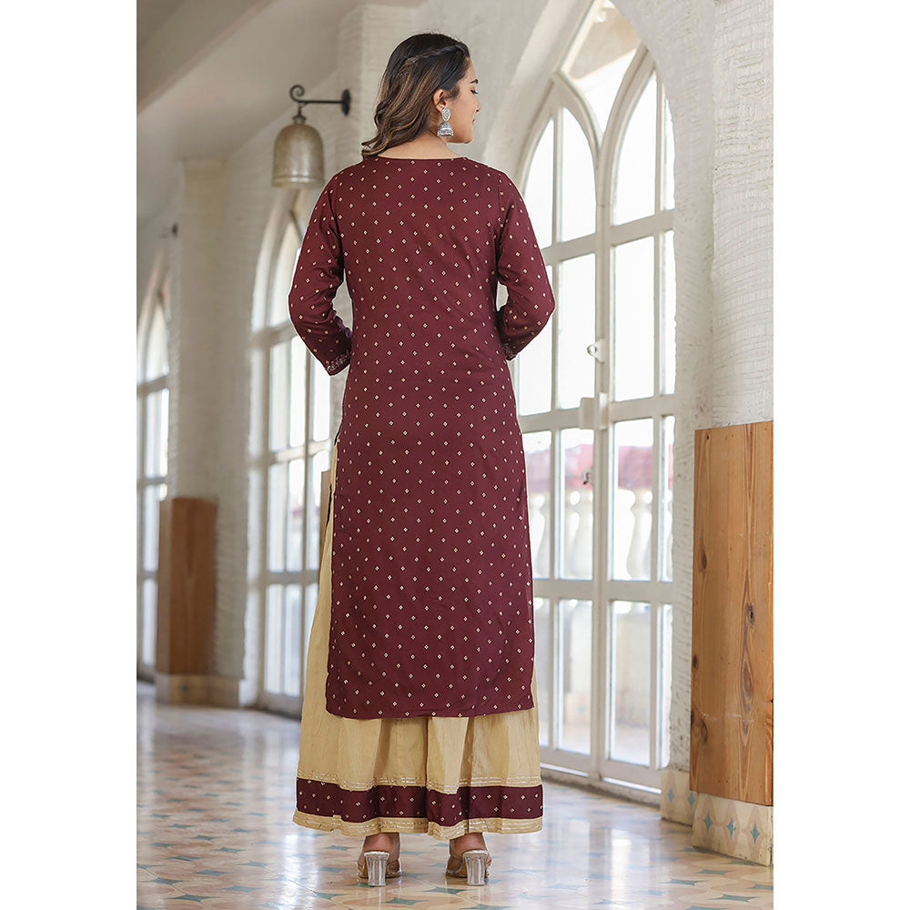 KAAJH Maroon Embellished Rayon Kurta Sharara (Set of 2)