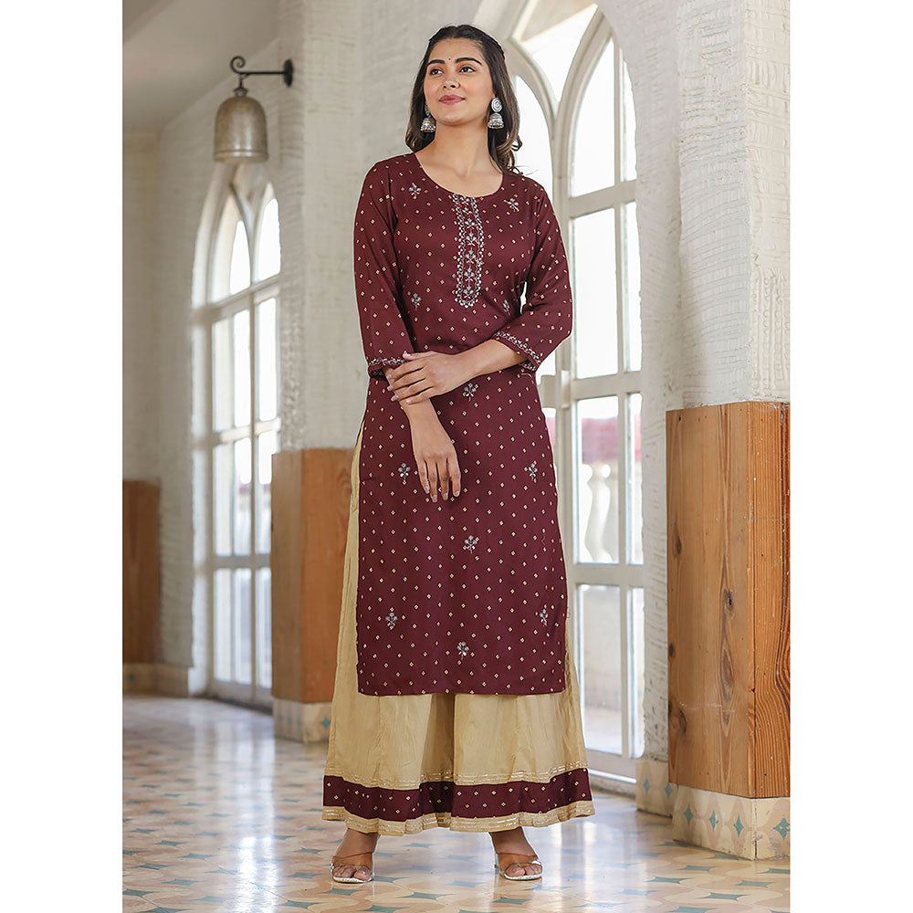 KAAJH Maroon Embellished Rayon Kurta Sharara (Set of 2)