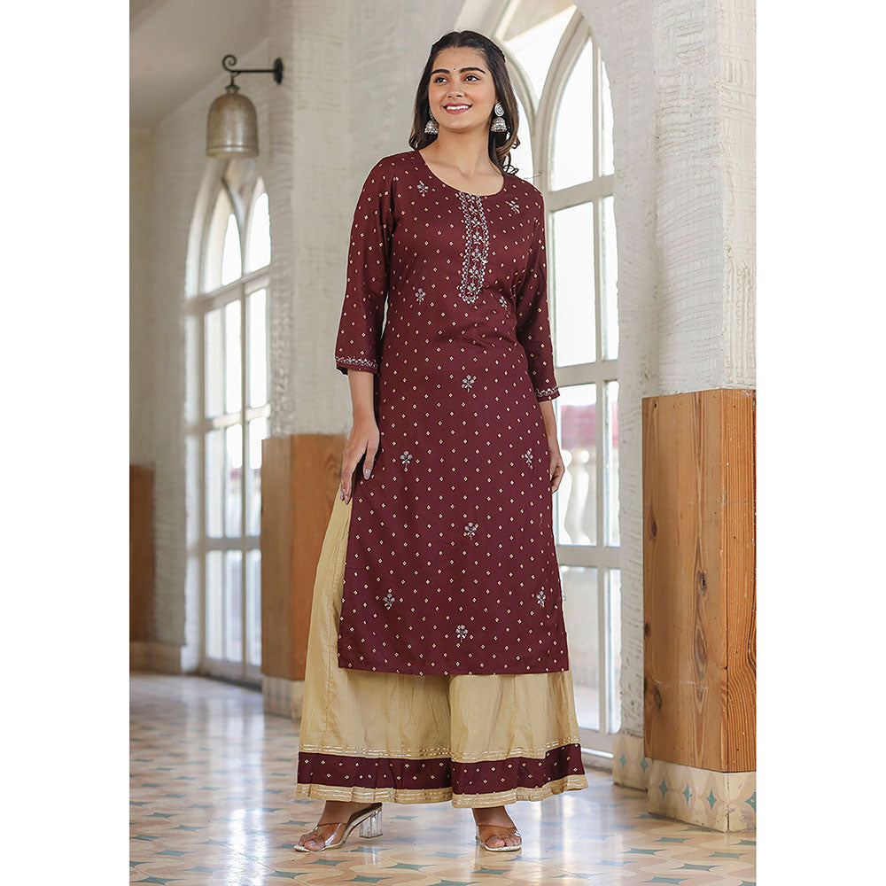 KAAJH Maroon Embellished Rayon Kurta Sharara (Set of 2)