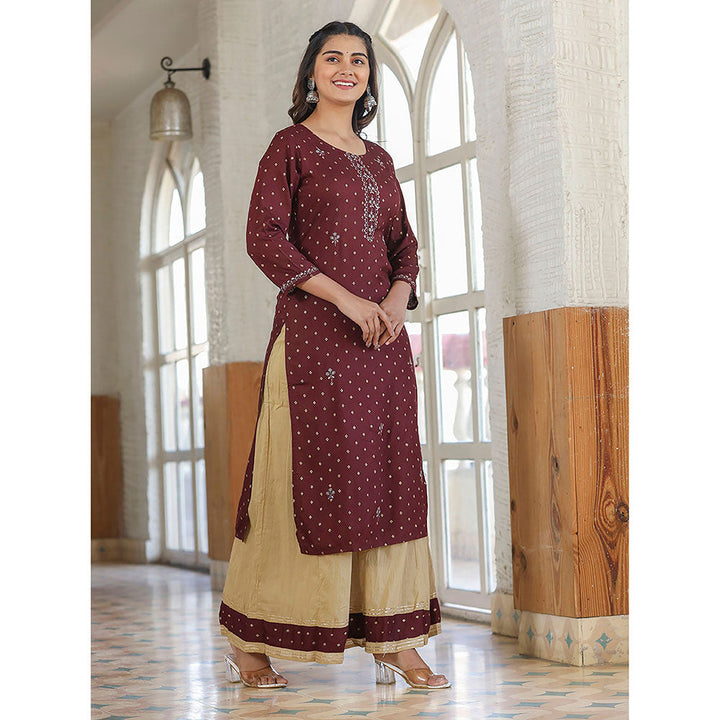 KAAJH Maroon Embellished Rayon Kurta Sharara (Set of 2)