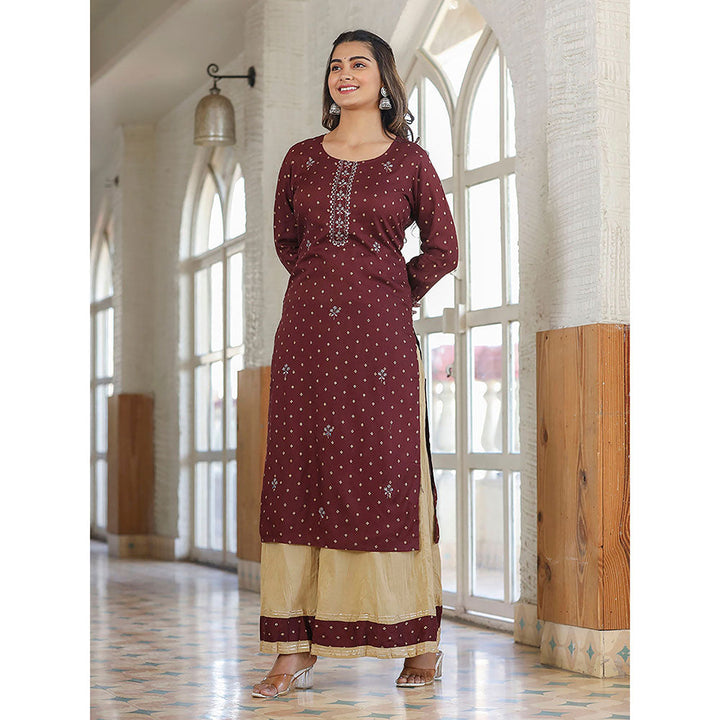 KAAJH Maroon Embellished Rayon Kurta Sharara (Set of 2)