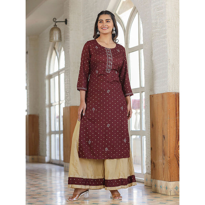 KAAJH Maroon Embellished Rayon Kurta Sharara (Set of 2)