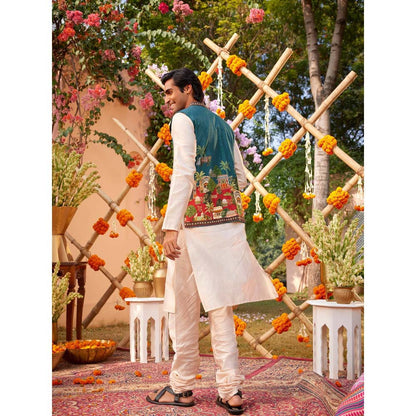 KALISTA Beige Mehta Kurta with Churidar and Nehru Jacket (Set of 3)