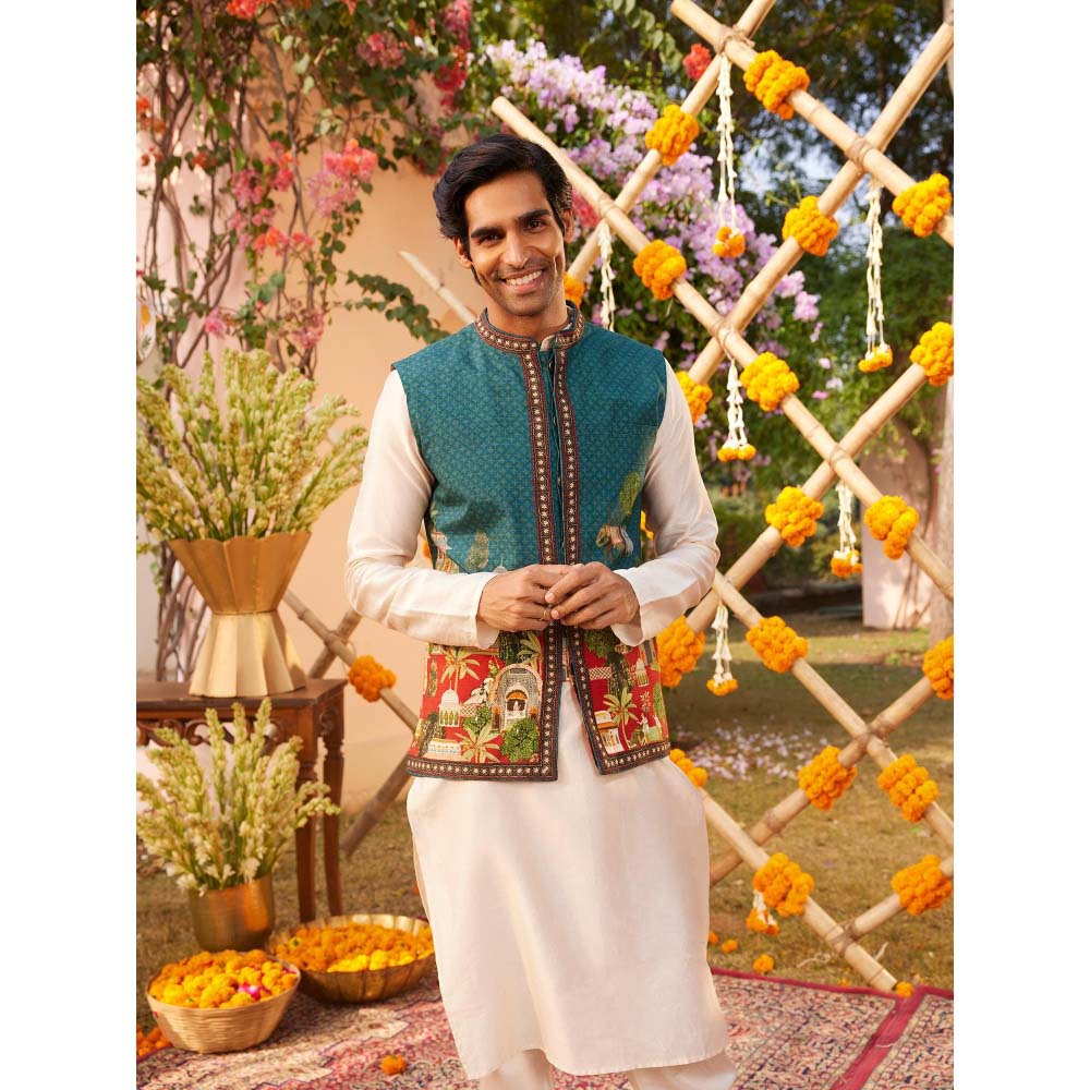 KALISTA Beige Mehta Kurta with Churidar and Nehru Jacket (Set of 3)