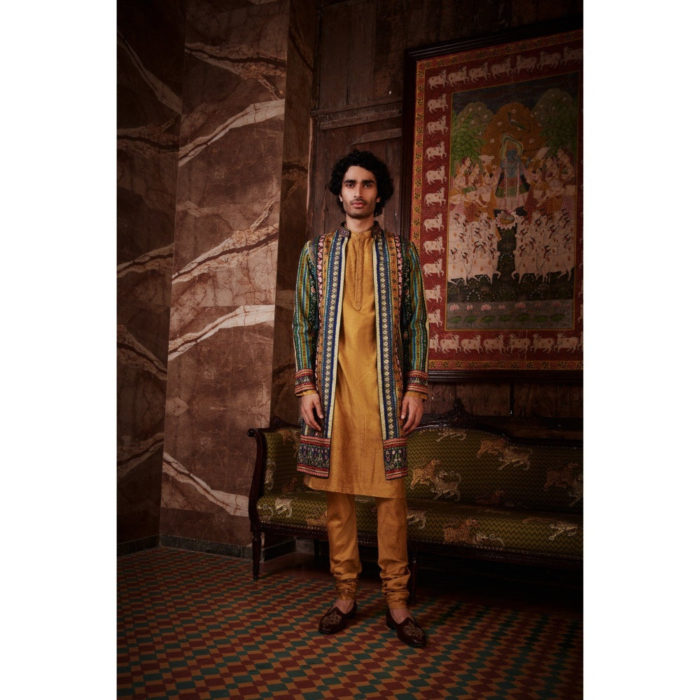 KALISTA Mustard Aslan Kurta with Churidar and Nehru Jacket (Set of 3)