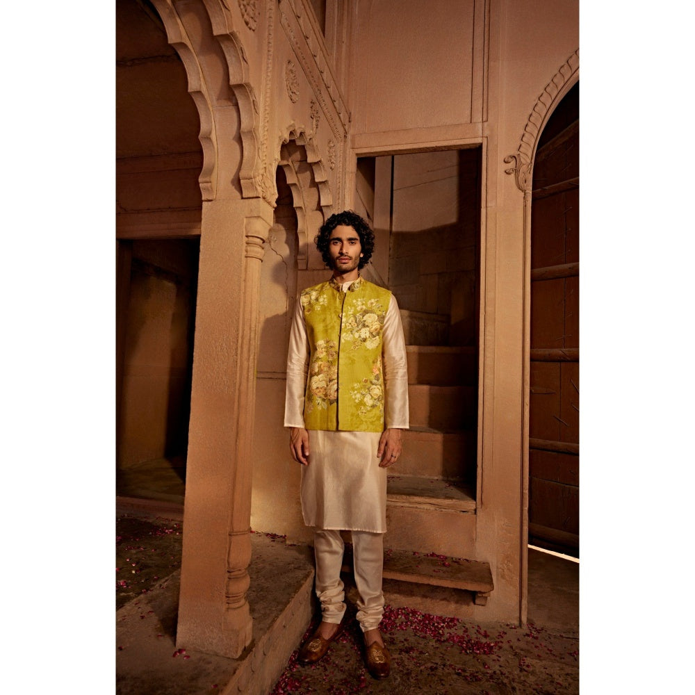 KALISTA Beige Yavi Kurta with Churidar and Nehru Jacket (Set of 3)