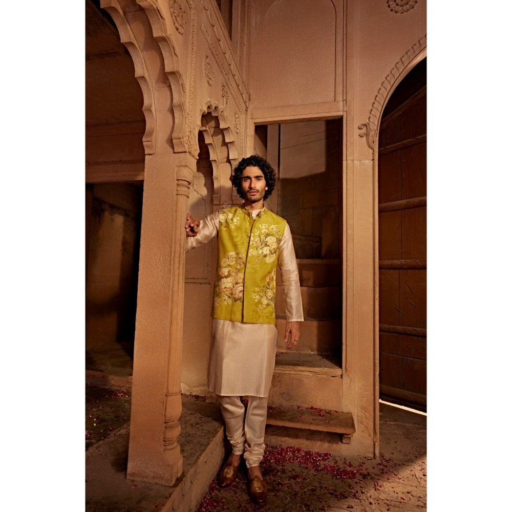 KALISTA Beige Yavi Kurta with Churidar and Nehru Jacket (Set of 3)