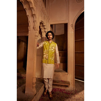 KALISTA Beige Yavi Kurta with Churidar and Nehru Jacket (Set of 3)